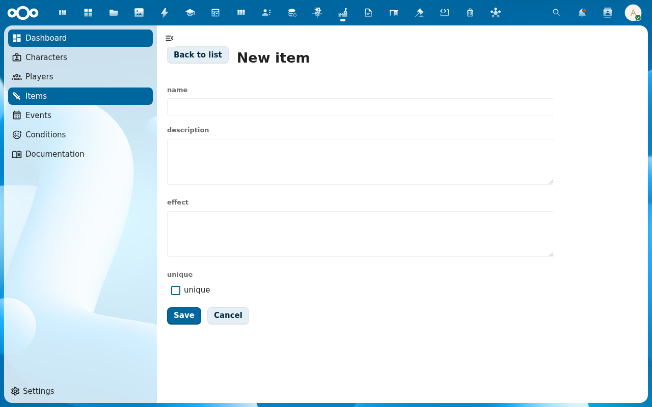Items list and create dialog